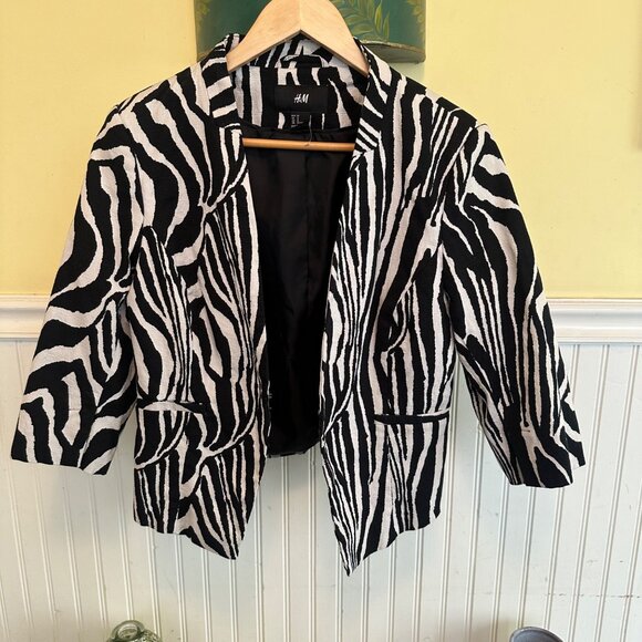 H&M 12 Zebra Print 3/4 Sleeve Open Front Blazer Jacket Cotton/Polyester - Picture 1 of 5